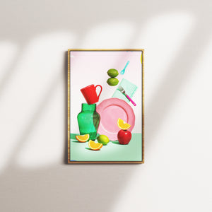 coral table — oak frame