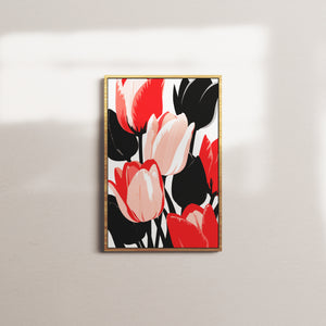vivid tulip display — oak frame